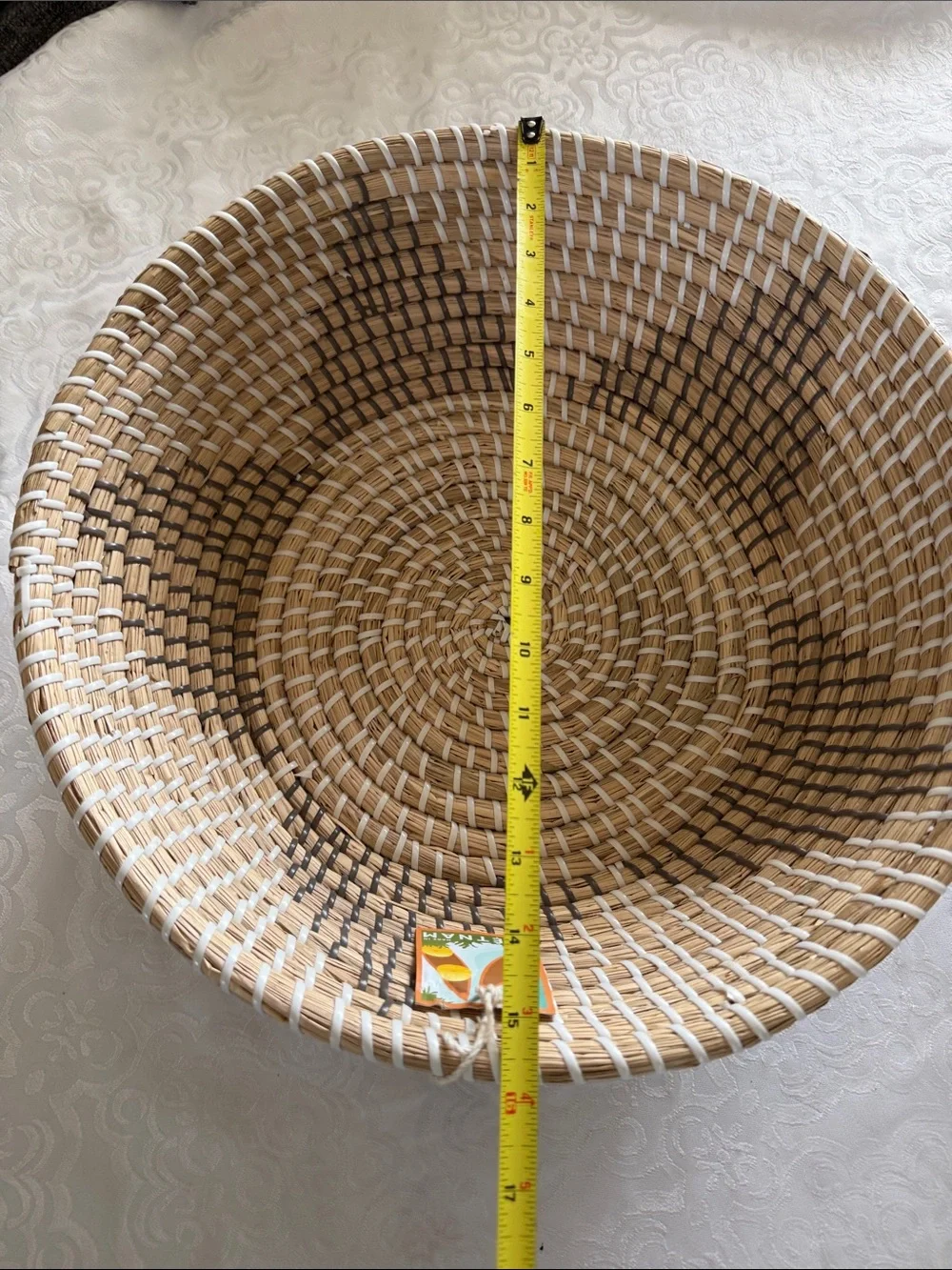 Natural Woven Basket Bowl - Tan, white & gray